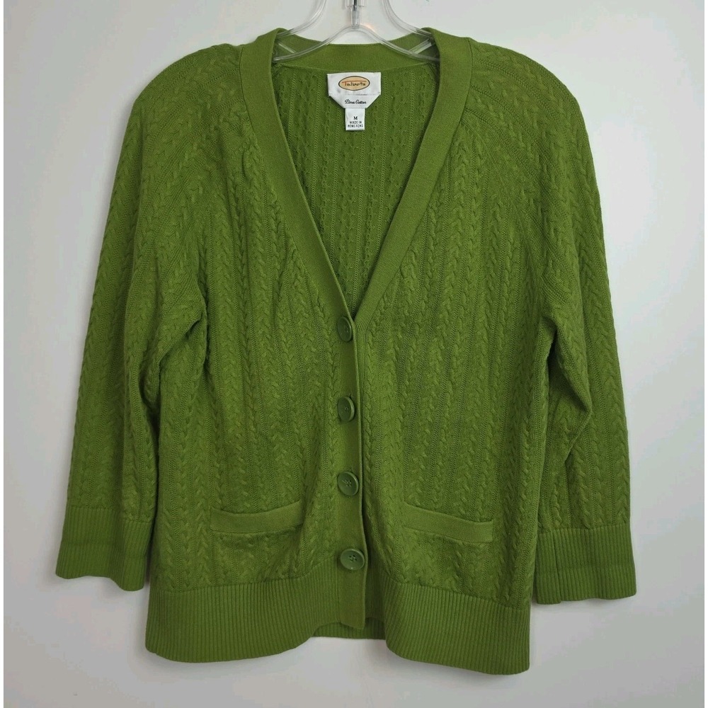 Talbots Button-Up V-Neck Cardigan Women's Size M Green 3/4-Sleeves